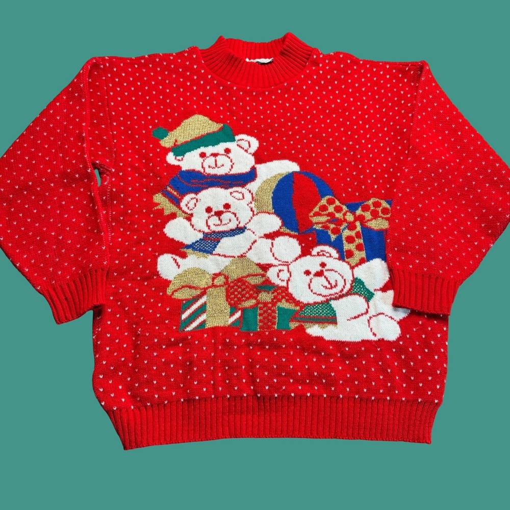 Vintage Rose Christmas Sweater Womens M/L Red Teddy Bear Acrylic Lurex Knit USA
